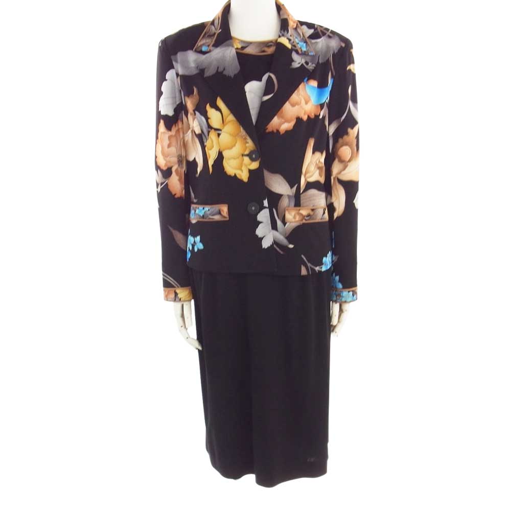LEONARD レオナール FASHION ファッション フラワー プリント 総柄 3ピース ジャケット スカート セットアップ スーツ ブラック系 マルチカラー系 L【中古】