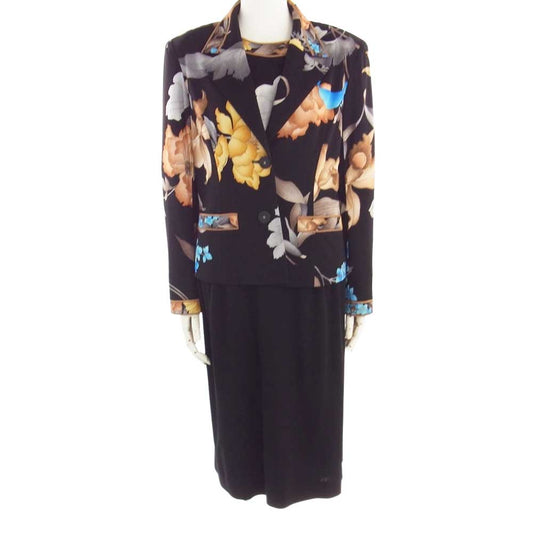 LEONARD レオナール FASHION ファッション フラワー プリント 総柄 3ピース ジャケット スカート セットアップ スーツ ブラック系 マルチカラー系 L【中古】