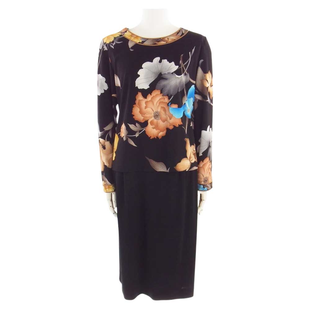 LEONARD レオナール FASHION ファッション フラワー プリント 総柄 3ピース ジャケット スカート セットアップ スーツ ブラック系 マルチカラー系 L【中古】