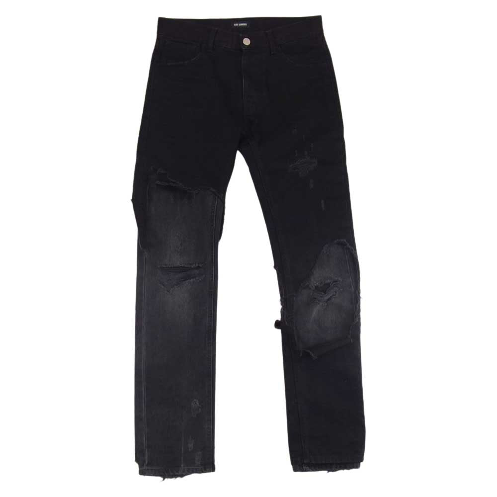 RAF SIMONS ラフシモンズ 19AW SLIM FIT DESTROYED RSパッチ レイヤード デストロイ デニムパンツ ブラック系 29【中古】