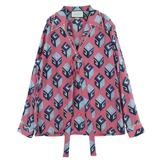 GUCCI グッチ 472123 ZIE06 シルク エンブレム ウォールペーパー プリント パール ブラウス シャツ ピンク系【中古】