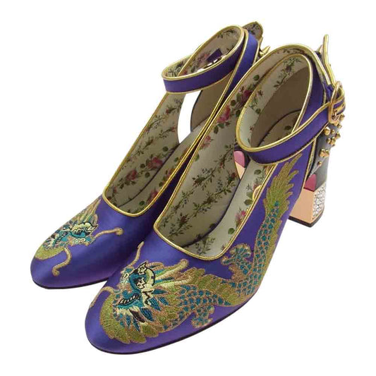 GUCCI グッチ 489344 刺繍 スタッズ ラインストーン ストラップ ヒール パンプス  マルチカラー系 38【中古】