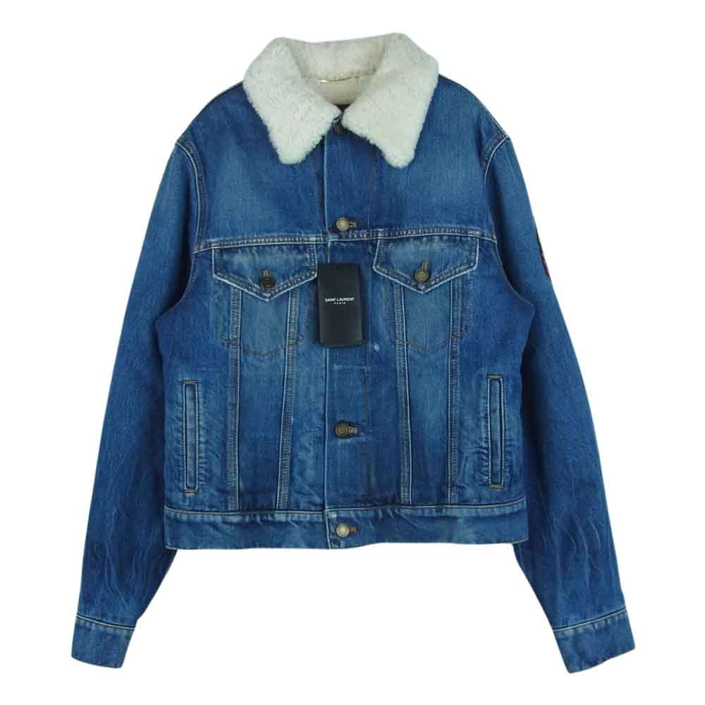 SAINT LAURENT サンローラン 483202 YZ883 ロゴ モノグラム マキシ パッチ ボア デニム ジャケット インディゴブルー系 M【極上美品】【中古】