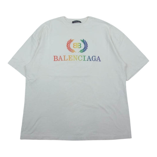 BALENCIAGA バレンシアガ 570805 TEV53 BB ロゴ レインボー 刺繍 Tシャツ レインボー ホワイト系 S【中古】