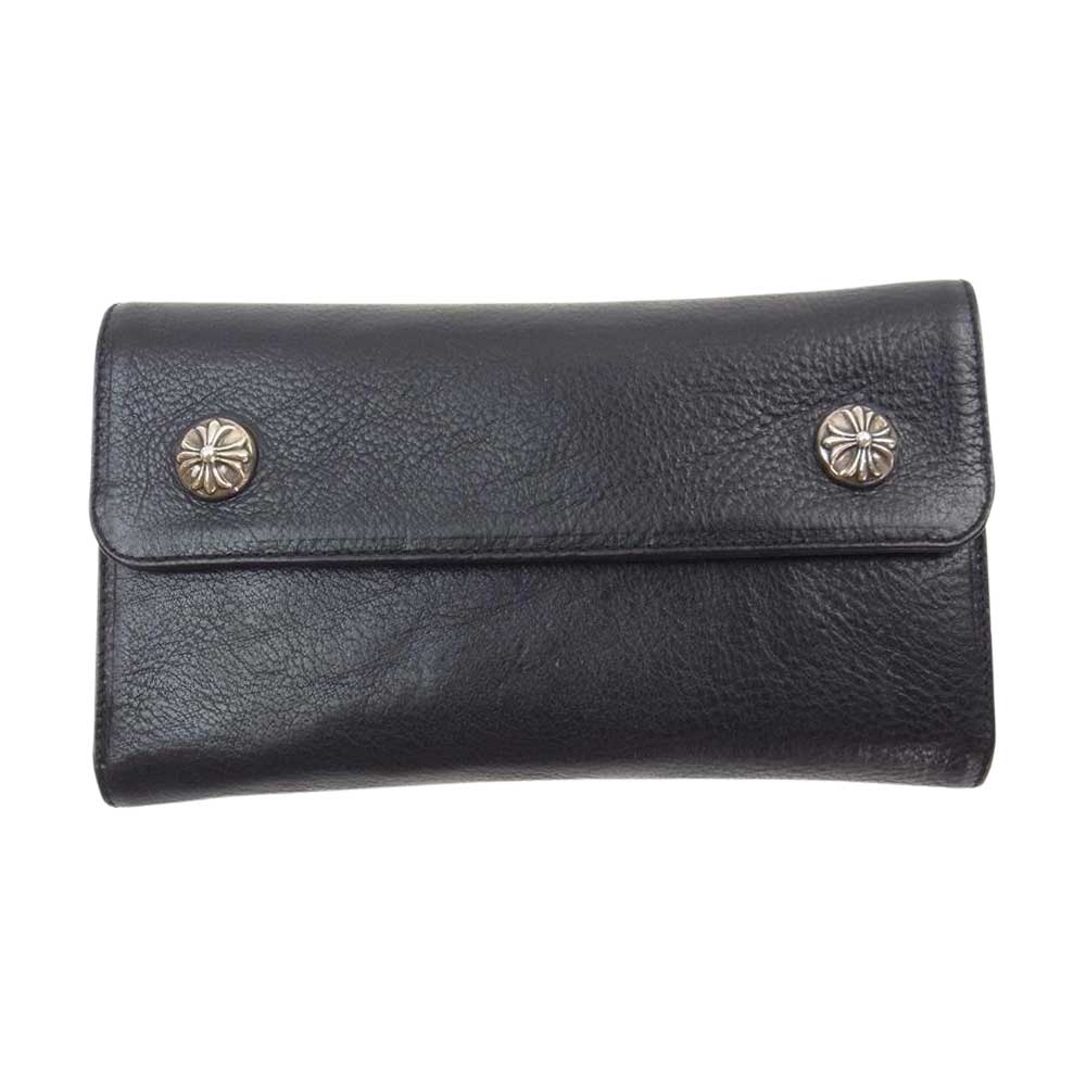 CHROME HEARTS クロムハーツ（原本有） WAVE CROSS BTN クロスボールボタン ウェーブ レザー ウォレット 長財布 ブラック系【中古】