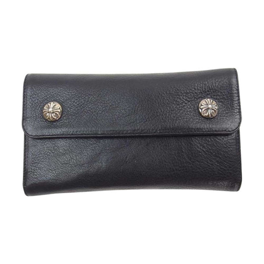 CHROME HEARTS クロムハーツ（原本有） WAVE CROSS BTN クロスボールボタン ウェーブ レザー ウォレット 長財布 ブラック系【中古】