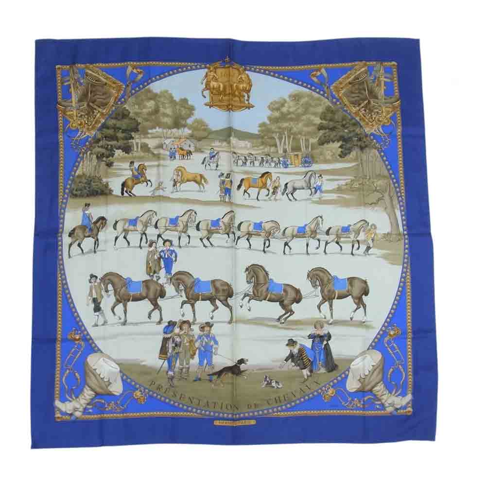 HERMES エルメス カレ 90 PRESENTATION de CHEVAVX 馬のプレゼンテーション シルク100% スカーフ  ネイビー系【中古】