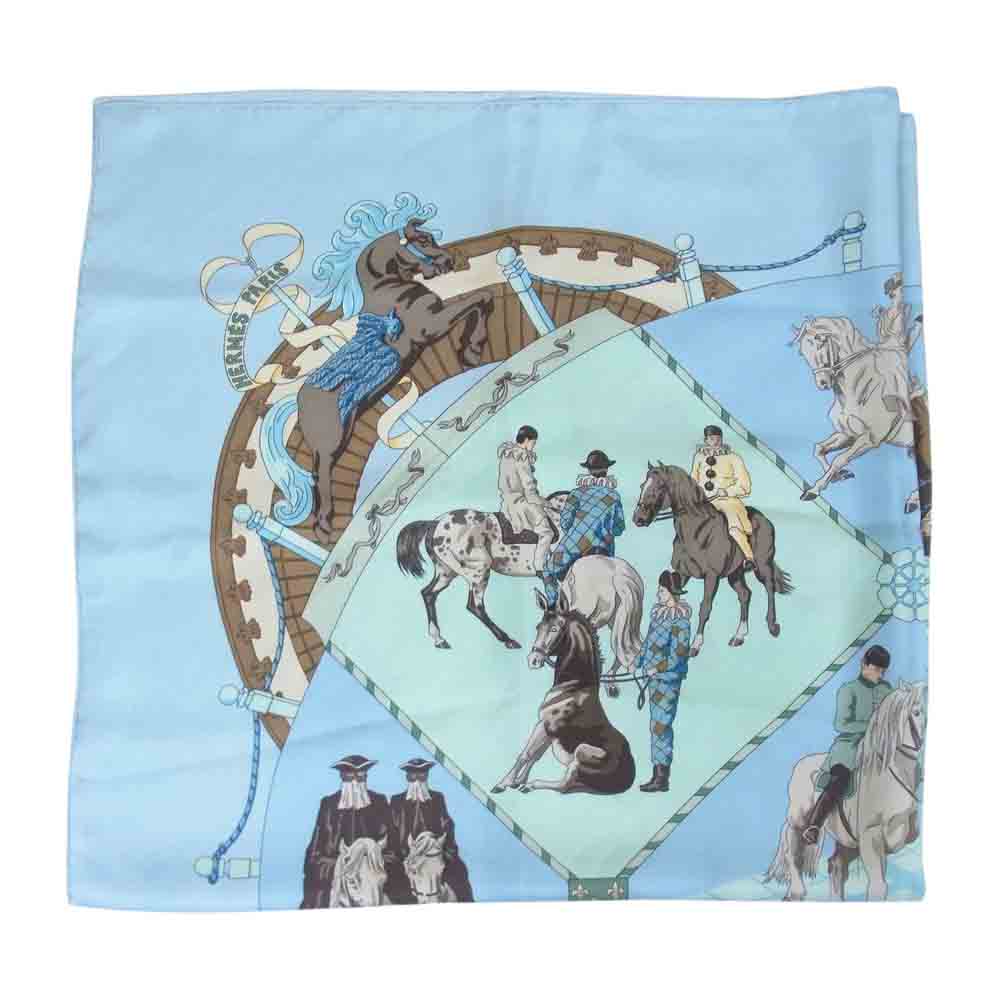HERMES エルメス カレ 90 Musee Vivant du Cheval Chantilly シャンティイ城馬の博物館 シルク100% スカーフ  ライトブルー系【中古】
