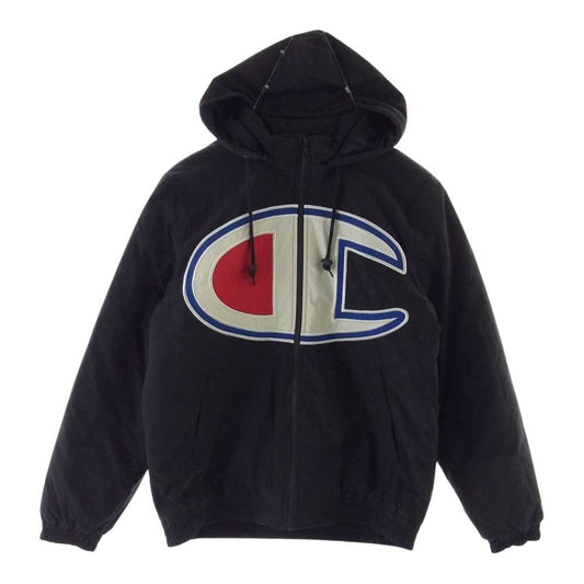 Supreme シュプリーム 15AW CHAMPION Puffy Jacket チャンピオン パフィー ナイロン ジャケット ビッグ ロゴ  ブラック系 L【中古】