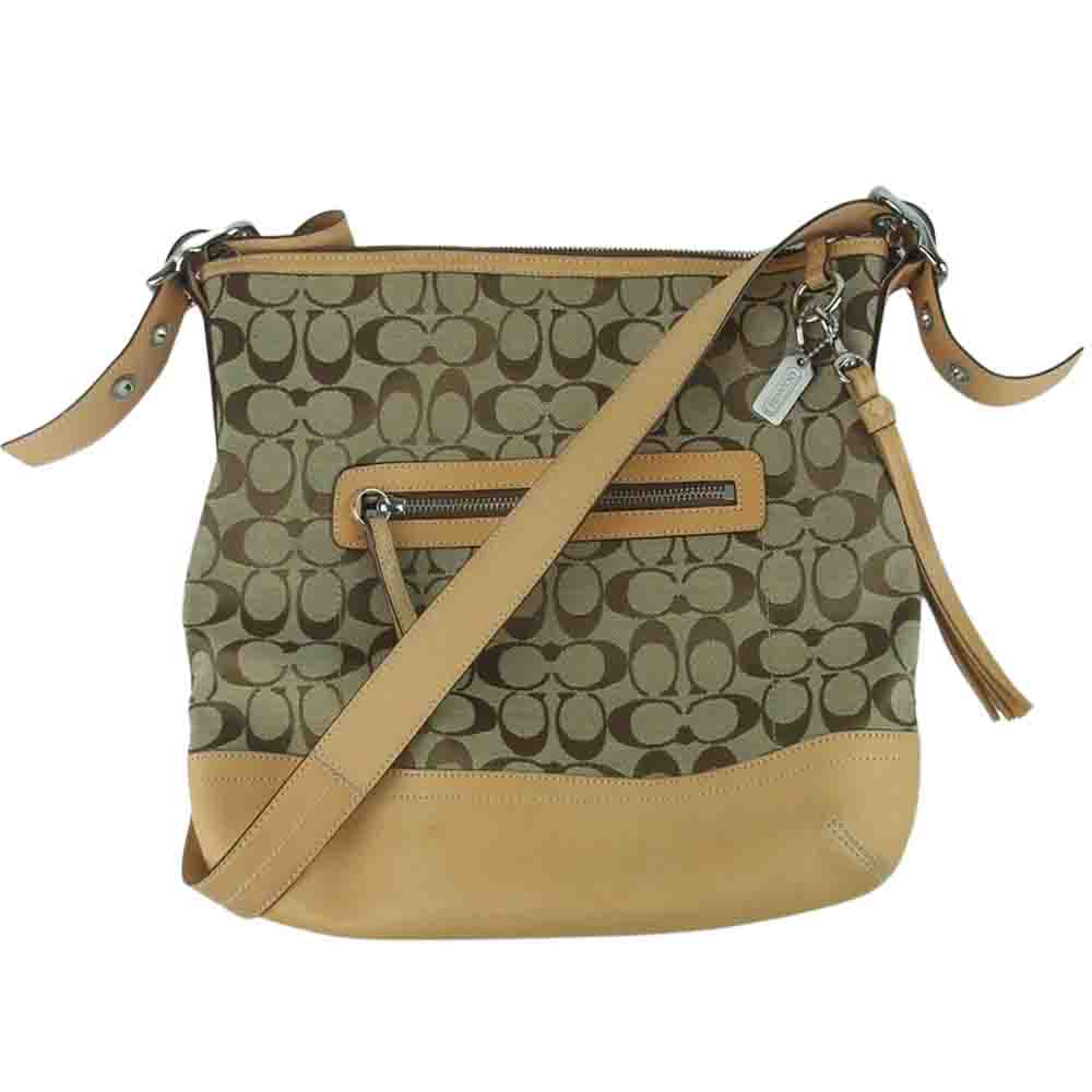 COACH コーチ 9349 シグネチャー ショルダー バッグ ライトブラウン系 ブラウン系 グレイッシュベージュ系【中古】