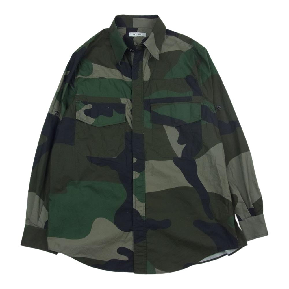 VALENTINO ヴァレンティノ カモフラージュ カモ柄 スナップボタン シャツ カーキ系 40【中古】