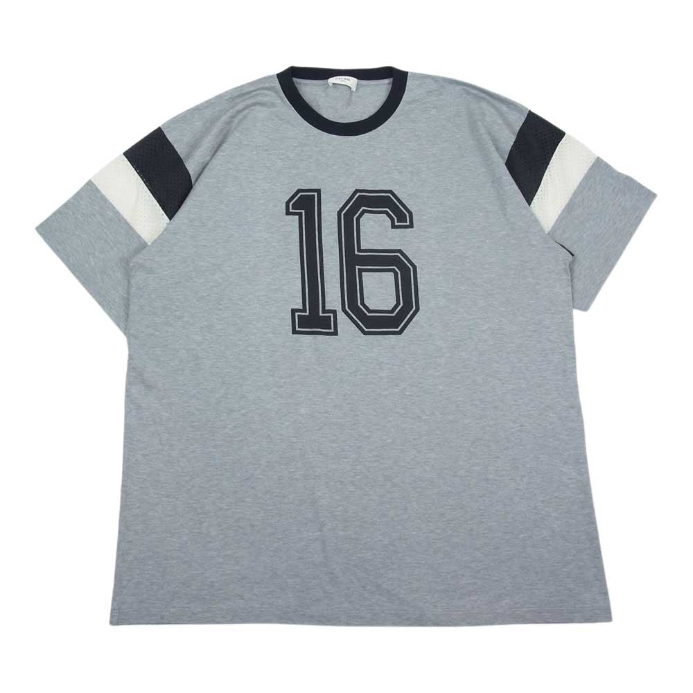 CELINE セリーヌ 2X601501F メッシュ 切替 フットボール ロゴ プリント 半袖 Tシャツ グレー系 L【美品】【中古】