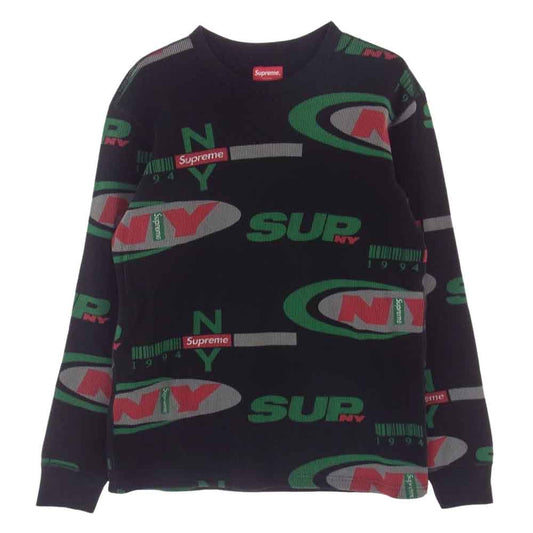 Supreme シュプリーム 18AW NY Waffle Thermal ニューヨーク 総ロゴ プリント サーマル 長袖 カットソー ブラック系 S【中古】