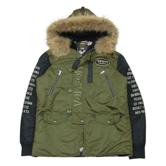 VANSON バンソン N-3B ワッペン ロゴ刺繍 ファーフード フライト ジャケット 中国製 カーキ系 ブラック系 XL【中古】