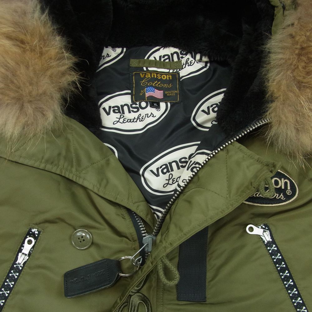 VANSON バンソン N-3B ワッペン ロゴ刺繍 ファーフード フライト ジャケット 中国製 カーキ系 ブラック系 XL【中古】
