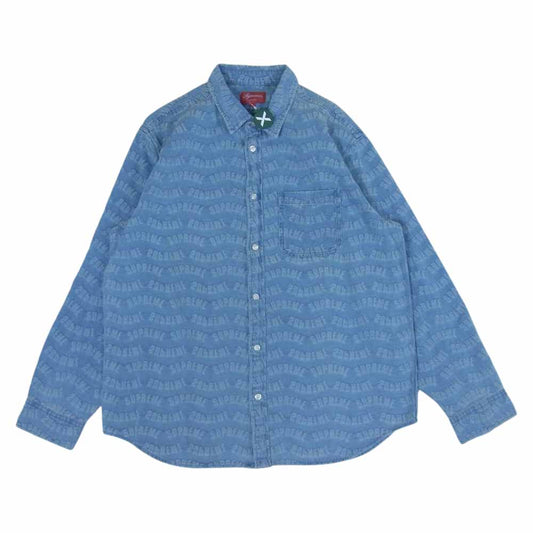 Supreme シュプリーム 21SS Warp Jacquard Logos Denim Shirt ワープ ジャカード ロゴ デニム 長袖 シャツ インディゴブルー系 L【美品】【中古】