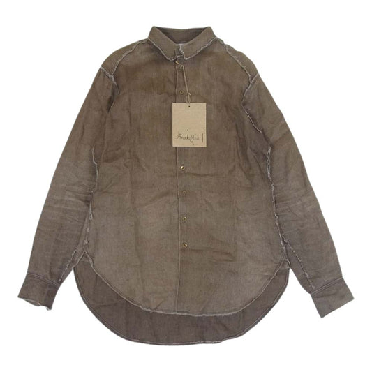 アラキユウ ELS06-ELSBLI. Raw Cut Narrow Pointed Collar ブラスボタン カットオフ レギュラーカラー 長袖 シャツ ブラウン系 1【美品】【中古】