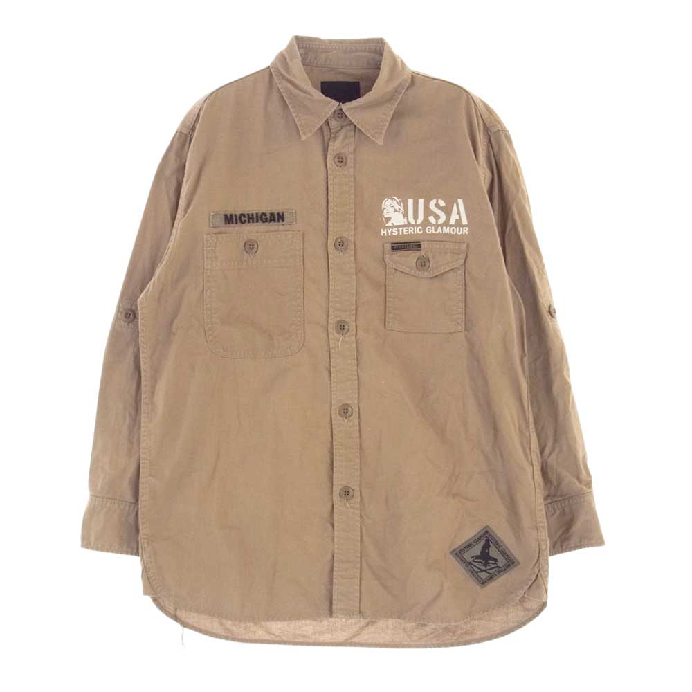 HYSTERIC GLAMOUR ヒステリックグラマー 0222AH02 USA pt ガールプリント ミリタリー ワーク シャツ ブラウン系 S【中古】