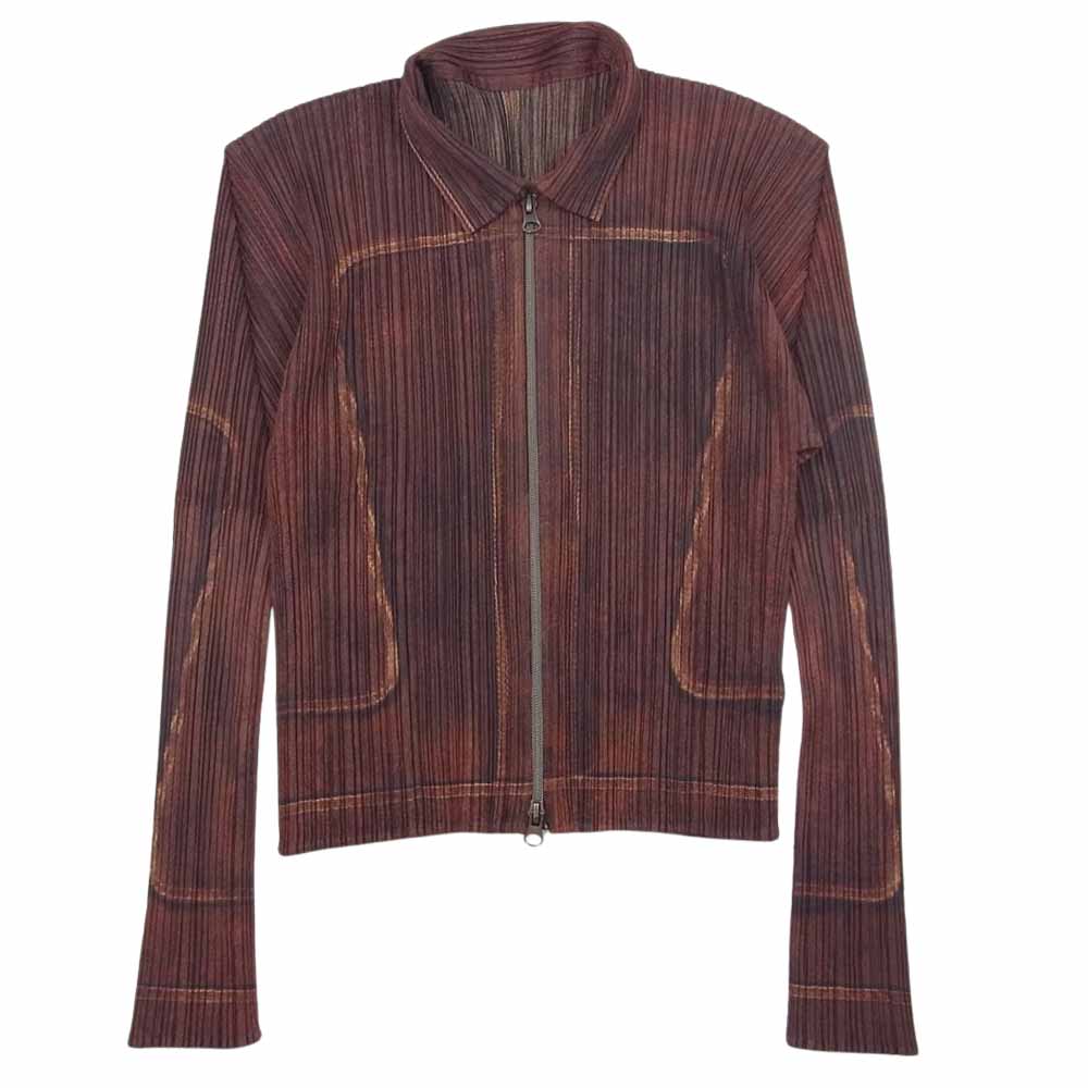 PLEATS PLEASE プリーツプリーズ イッセイミヤケ 11AW  PP14-JC463 プリーツ加工 レザー 転写 プリント ジップ ブラウス シャツ 長袖 ブラウン系 3【美品】【中古】