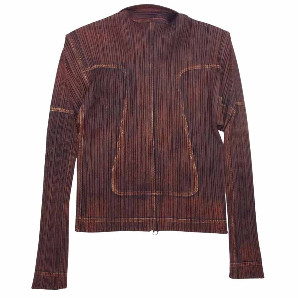 PLEATS PLEASE プリーツプリーズ イッセイミヤケ 11AW  PP14-JC463 プリーツ加工 レザー 転写 プリント ジップ ブラウス シャツ 長袖 ブラウン系 3【美品】【中古】