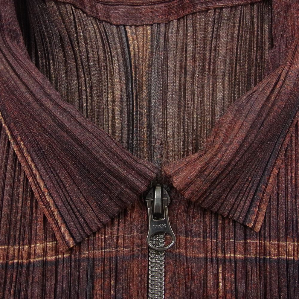 PLEATS PLEASE プリーツプリーズ イッセイミヤケ 11AW  PP14-JC463 プリーツ加工 レザー 転写 プリント ジップ ブラウス シャツ 長袖 ブラウン系 3【美品】【中古】