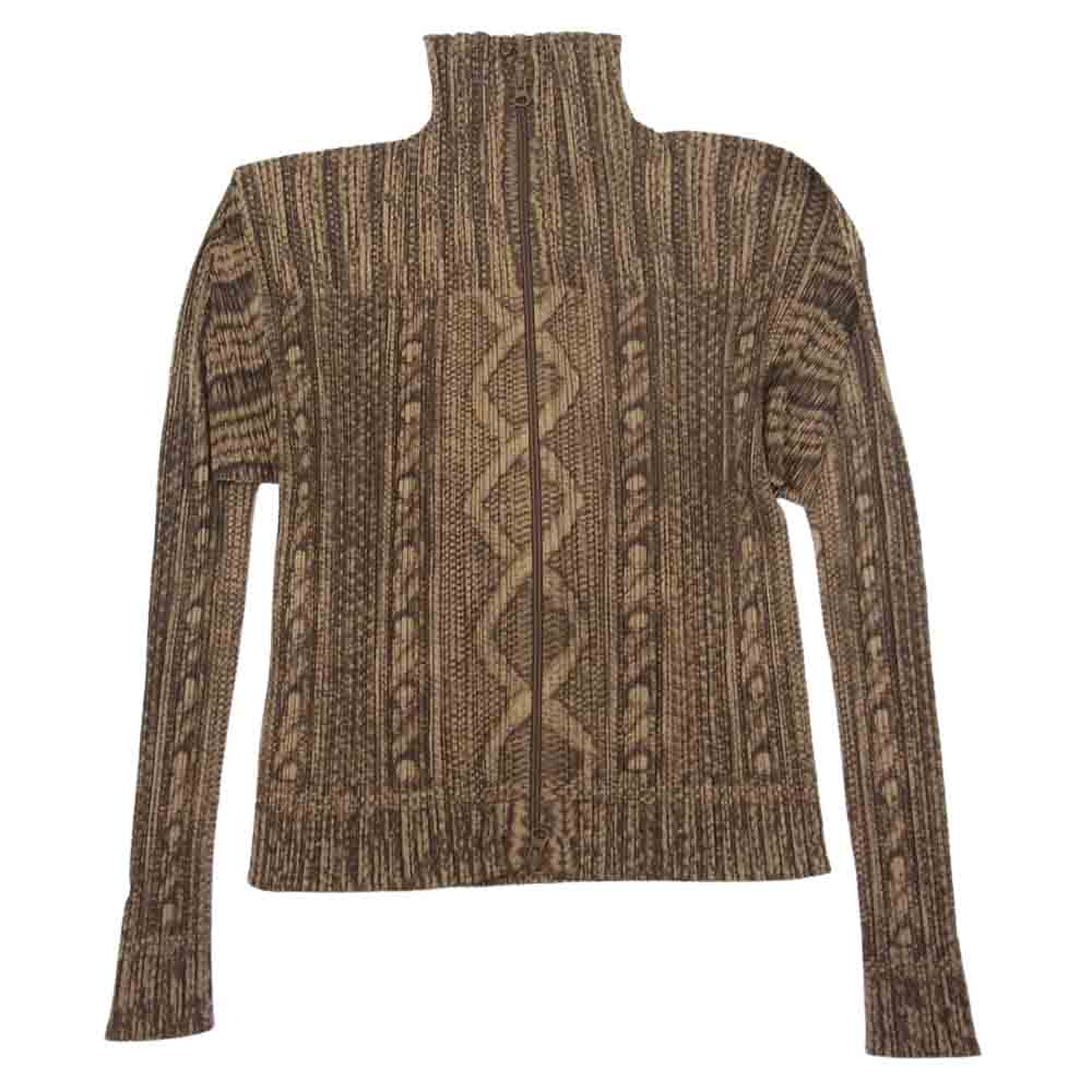 PLEATS PLEASE プリーツプリーズ イッセイミヤケ PP64-JC431 プリーツ加工 ケーブル編み転写プリント ボトルネック ジップ ジャケット  ブラウン系 3【美品】【中古】