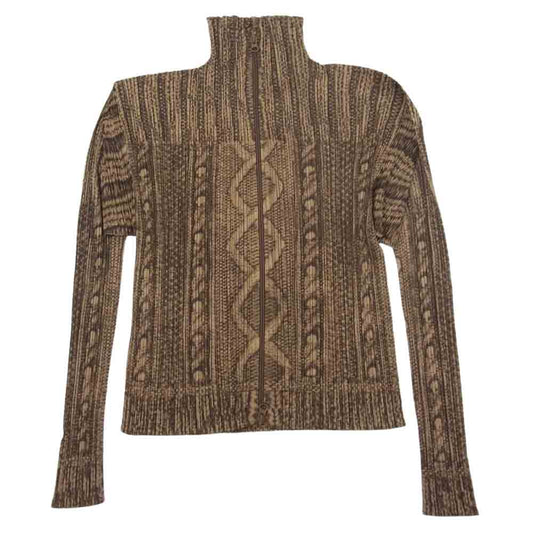 PLEATS PLEASE プリーツプリーズ イッセイミヤケ PP64-JC431 プリーツ加工 ケーブル編み転写プリント ボトルネック ジップ ジャケット  ブラウン系 3【美品】【中古】