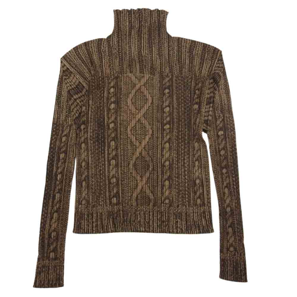 PLEATS PLEASE プリーツプリーズ イッセイミヤケ PP64-JC431 プリーツ加工 ケーブル編み転写プリント ボトルネック ジップ ジャケット  ブラウン系 3【美品】【中古】