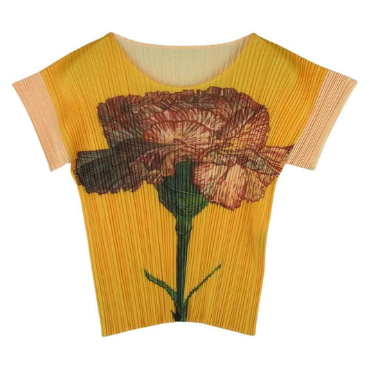PLEATS PLEASE プリーツプリーズ イッセイミヤケ PP06-JK110 プリーツ加工 カーネーション フラワー 転写 カットソー 半袖 イエロー系 3【美品】【中古】