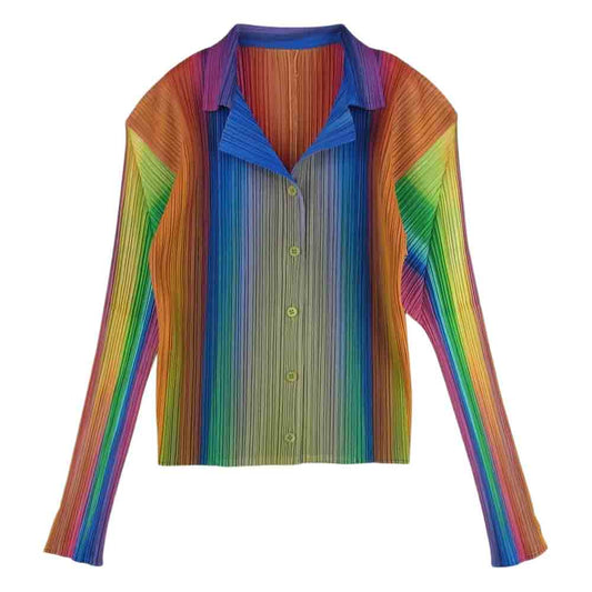 PLEATS PLEASE プリーツプリーズ イッセイミヤケ PP79-JK724 プリーツ加工 レインボーグラデーション ブラウス シャツ 長袖 レインボー系 3【美品】【中古】