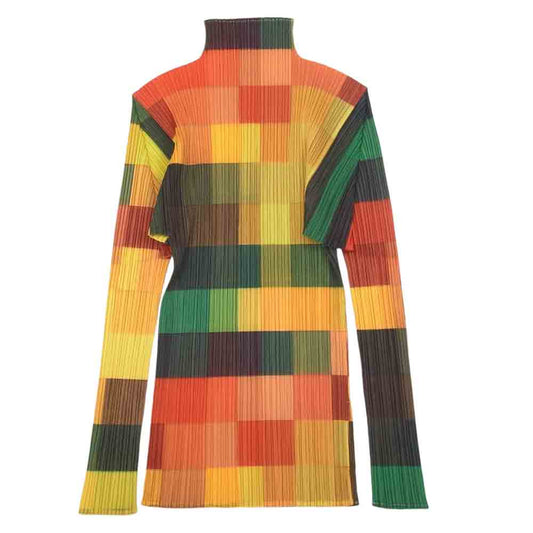 PLEATS PLEASE プリーツプリーズ イッセイミヤケ PP83-JK804 プリーツ加工 マルチカラー サイドスリット ボトルネック 長袖 カットソー  マルチカラー系 3【美品】【中古】