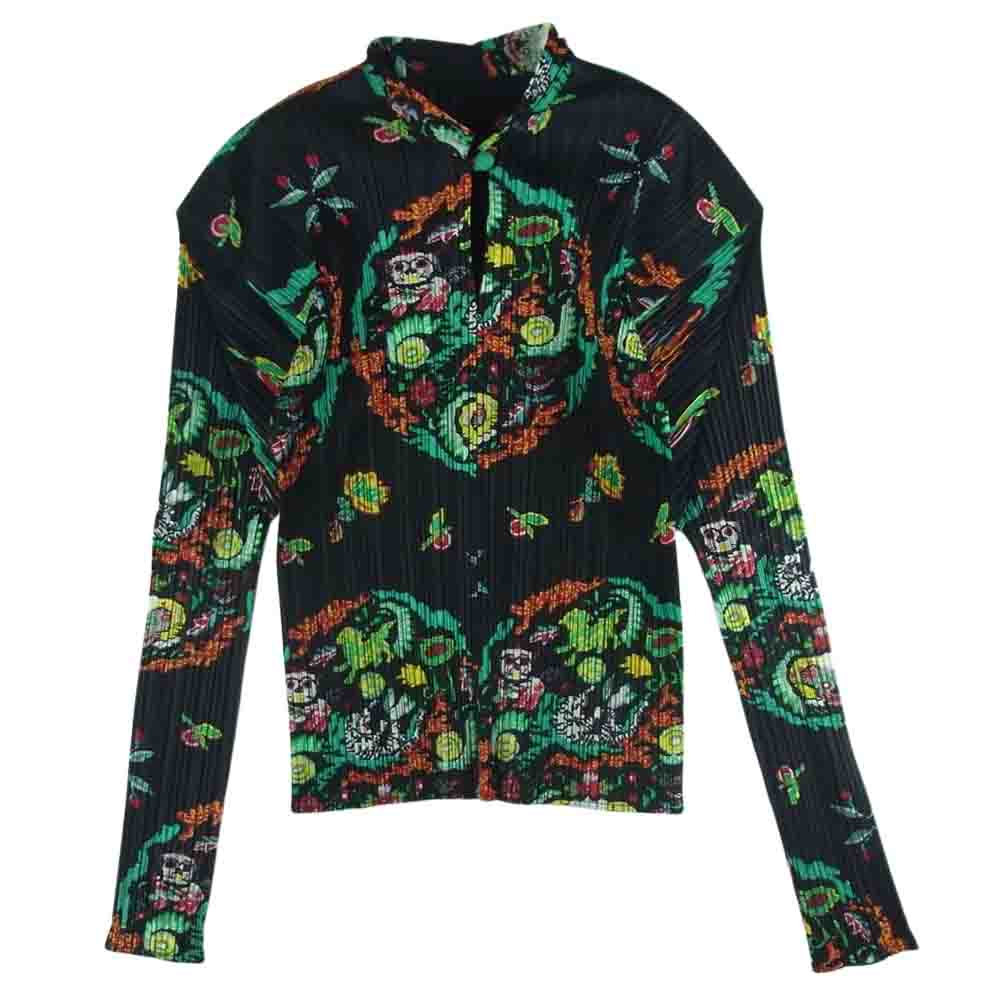 PLEATS PLEASE プリーツプリーズ イッセイミヤケ PP81-JK590 プリーツ加工 シーサー 総柄 スキッパー プルオーバー ブラウス シャツ 長袖 ブラック系 マルチカラー系 3【美品】【中古】