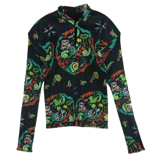 PLEATS PLEASE プリーツプリーズ イッセイミヤケ PP81-JK590 プリーツ加工 シーサー 総柄 スキッパー プルオーバー ブラウス シャツ 長袖 ブラック系 マルチカラー系 3【美品】【中古】