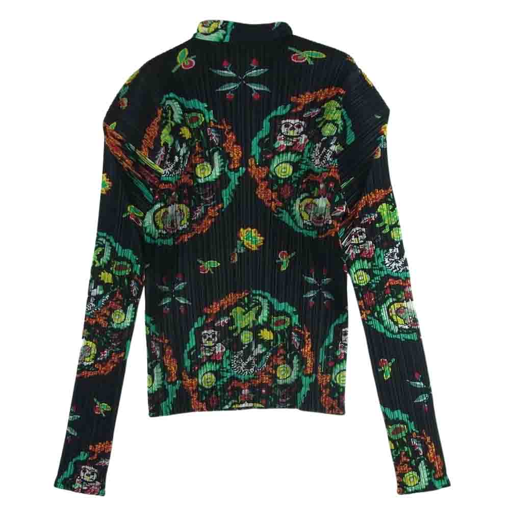 PLEATS PLEASE プリーツプリーズ イッセイミヤケ PP81-JK590 プリーツ加工 シーサー 総柄 スキッパー プルオーバー ブラウス シャツ 長袖 ブラック系 マルチカラー系 3【美品】【中古】