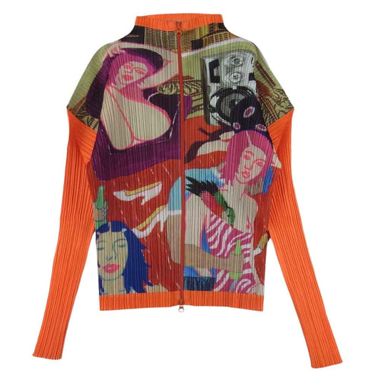 PLEATS PLEASE プリーツプリーズ イッセイミヤケ PP12-JC231 プリーツ加工 イラスト転写プリント ボルトネック ジップ カットソー 長袖 オレンジ系 マルチカラー系 3【美品】【中古】