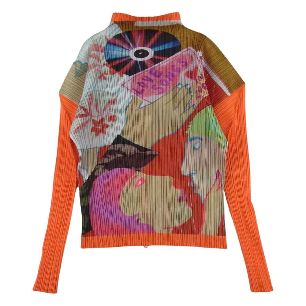 PLEATS PLEASE プリーツプリーズ イッセイミヤケ PP12-JC231 プリーツ加工 イラスト転写プリント ボルトネック ジップ カットソー 長袖 オレンジ系 マルチカラー系 3【美品】【中古】