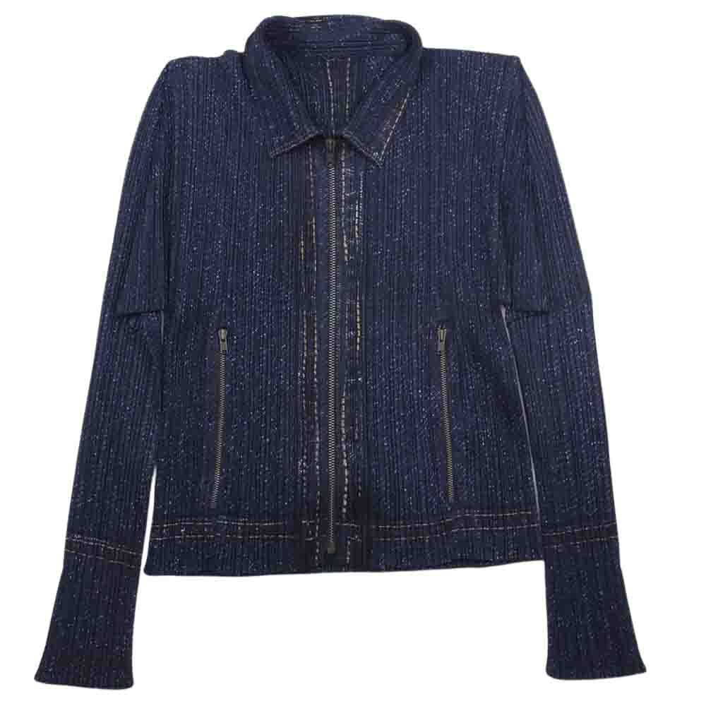 PLEATS PLEASE プリーツプリーズ イッセイミヤケ PP94-JD643 プリーツ加工 デニム転写プリント  ジップ ジャケット ネイビー系 3【美品】【中古】