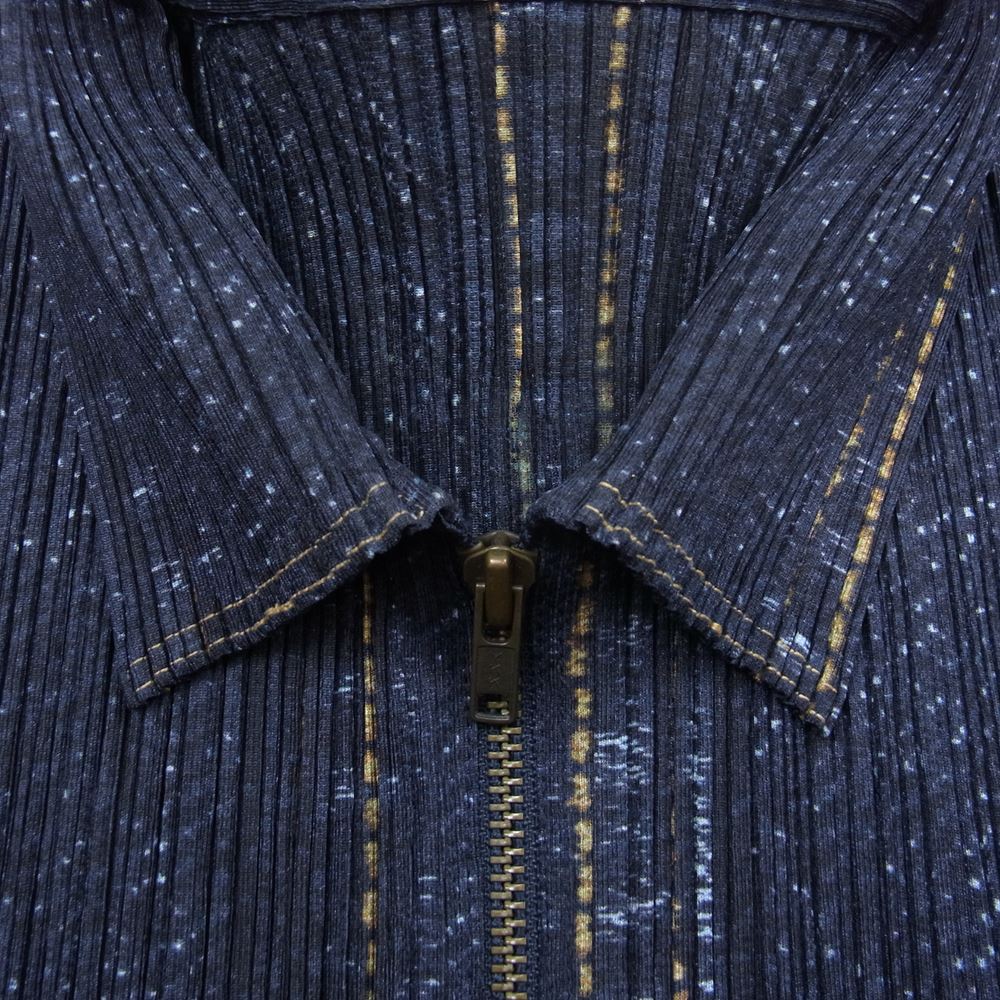 PLEATS PLEASE プリーツプリーズ イッセイミヤケ PP94-JD643 プリーツ加工 デニム転写プリント  ジップ ジャケット ネイビー系 3【美品】【中古】