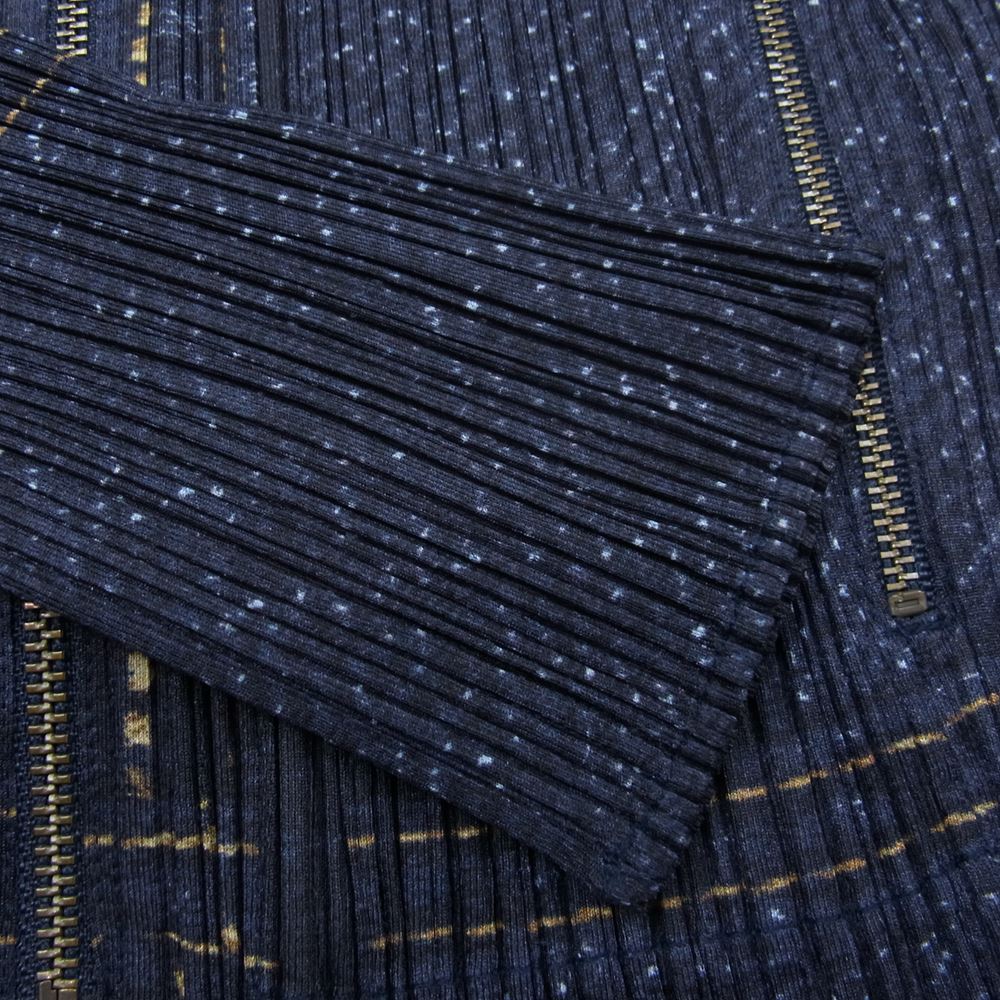 PLEATS PLEASE プリーツプリーズ イッセイミヤケ PP94-JD643 プリーツ加工 デニム転写プリント  ジップ ジャケット ネイビー系 3【美品】【中古】
