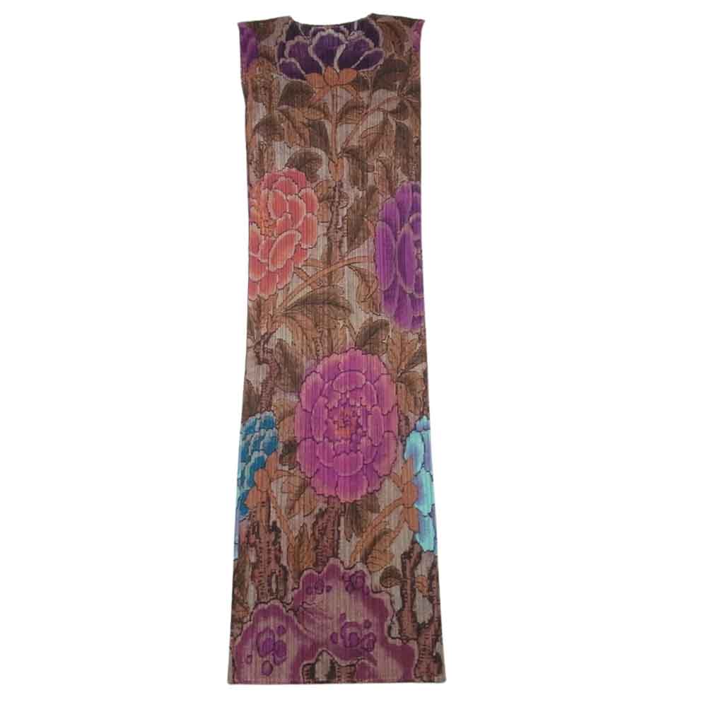 PLEATS PLEASE プリーツプリーズ イッセイミヤケ PP84-JH777 プリーツ加工 花柄 フラワー 総柄 フレンチスリーブ ワンピース ブラウン系 パープル系 2【美品】【中古】