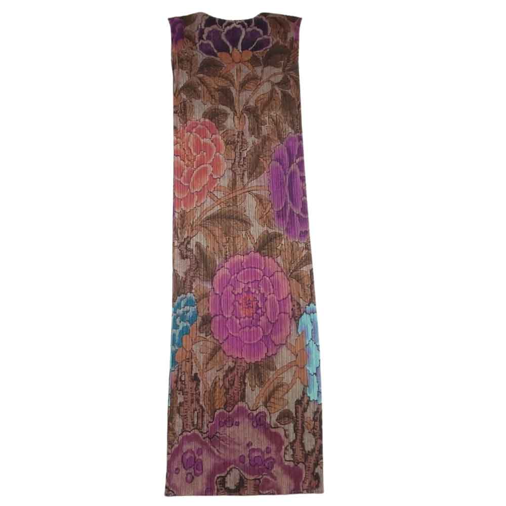 PLEATS PLEASE プリーツプリーズ イッセイミヤケ PP84-JH777 プリーツ加工 花柄 フラワー 総柄 フレンチスリーブ ワンピース ブラウン系 パープル系 2【美品】【中古】