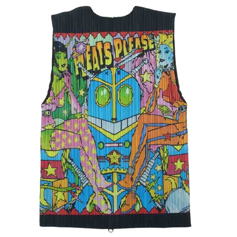 PLEATS PLEASE プリーツプリーズ イッセイミヤケ PP91-JE041 プリーツ加工 アメコミ転写 ジップ ノースリーブ カットソー ブラック系 マルチカラー系 3【美品】【中古】