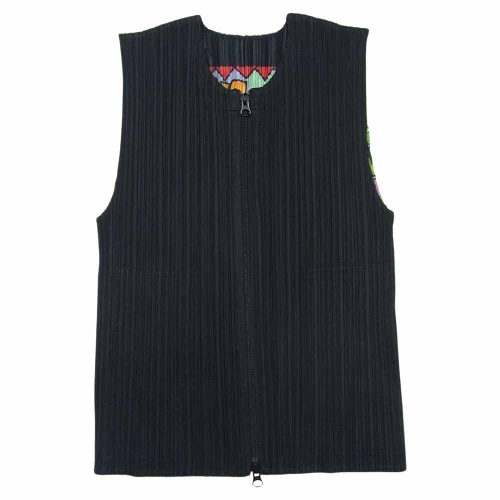 PLEATS PLEASE プリーツプリーズ イッセイミヤケ PP91-JE041 プリーツ加工 アメコミ転写 ジップ ノースリーブ カットソー ブラック系 マルチカラー系 3【美品】【中古】