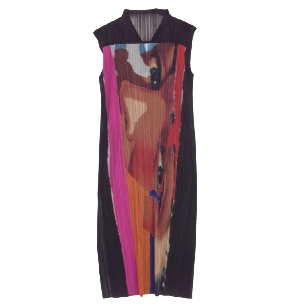 PLEATS PLEASE プリーツプリーズ イッセイミヤケ 03SS PP31-JE623 プリーツ加工 フェイス バックプリント ボトルネック ノースリーブ スリット ワンピース マルチカラー系 3【美品】【中古】