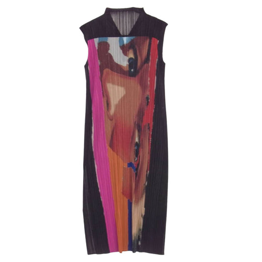 PLEATS PLEASE プリーツプリーズ イッセイミヤケ 03SS PP31-JE623 プリーツ加工 フェイス バックプリント ボトルネック ノースリーブ スリット ワンピース マルチカラー系 3【美品】【中古】