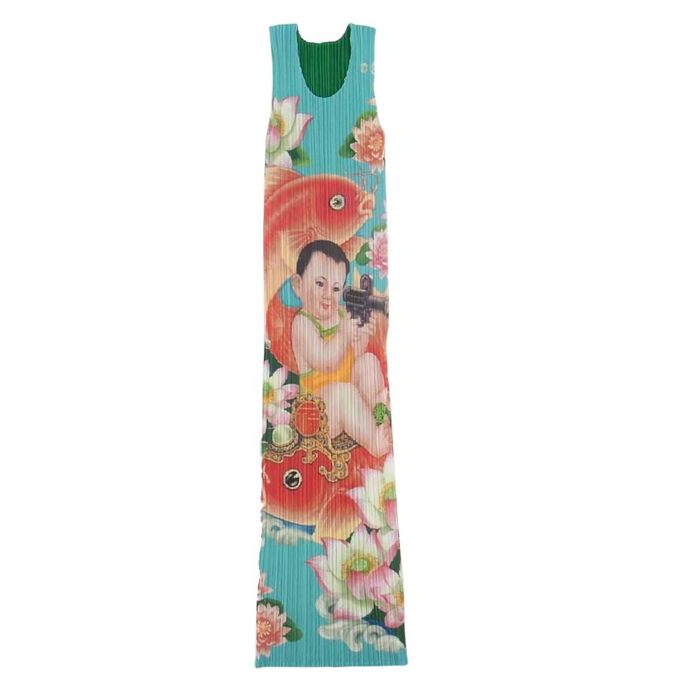 PLEATS PLEASE プリーツプリーズ イッセイミヤケ PP81-JH916 Machine Gun Baby Dress 鯛 蓮子 招福 おめでた プリント ノースリーブ ロング ワンピース マルチカラー系 2【美品】【中古】