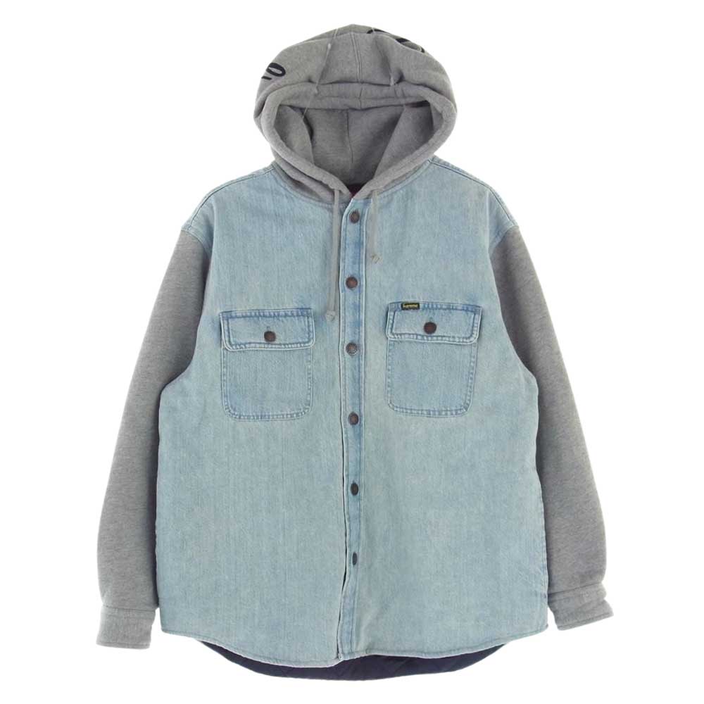 Supreme シュプリーム 22AW Fleece Hooded Denim Shirt シュプリーム フリースフーデットデニムシャツ プルオーバーパーカー ロゴ刺繍 中綿ジャケット インディゴブルー系 グレー系 S【中古】