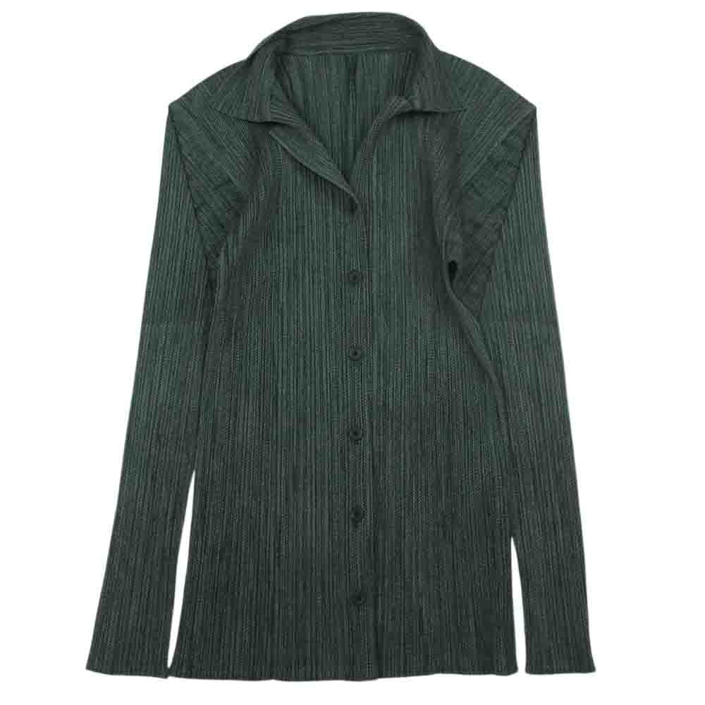 PLEATS PLEASE プリーツプリーズ イッセイミヤケ PP73-JK224 プリーツ加工 綾織生地柄転写プリント シャツ ブラウス 長袖 グリーン グリーン系 3【美品】【中古】
