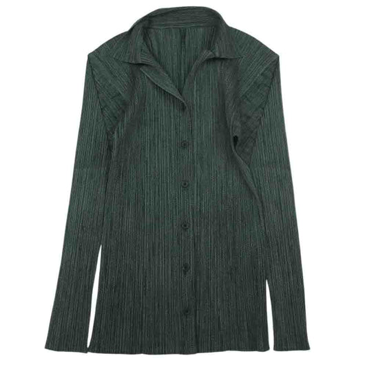 PLEATS PLEASE プリーツプリーズ イッセイミヤケ PP73-JK224 プリーツ加工 綾織生地柄転写プリント シャツ ブラウス 長袖 グリーン グリーン系 3【美品】【中古】