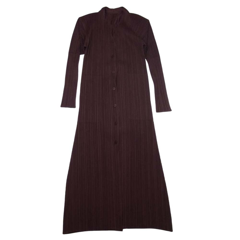 PLEATS PLEASE プリーツプリーズ イッセイミヤケ PP13-JA433 プリーツ加工 ノーカラー ロング シャツ ブラウス ワンピース バーガンディ ブラウン系 2【美品】【中古】